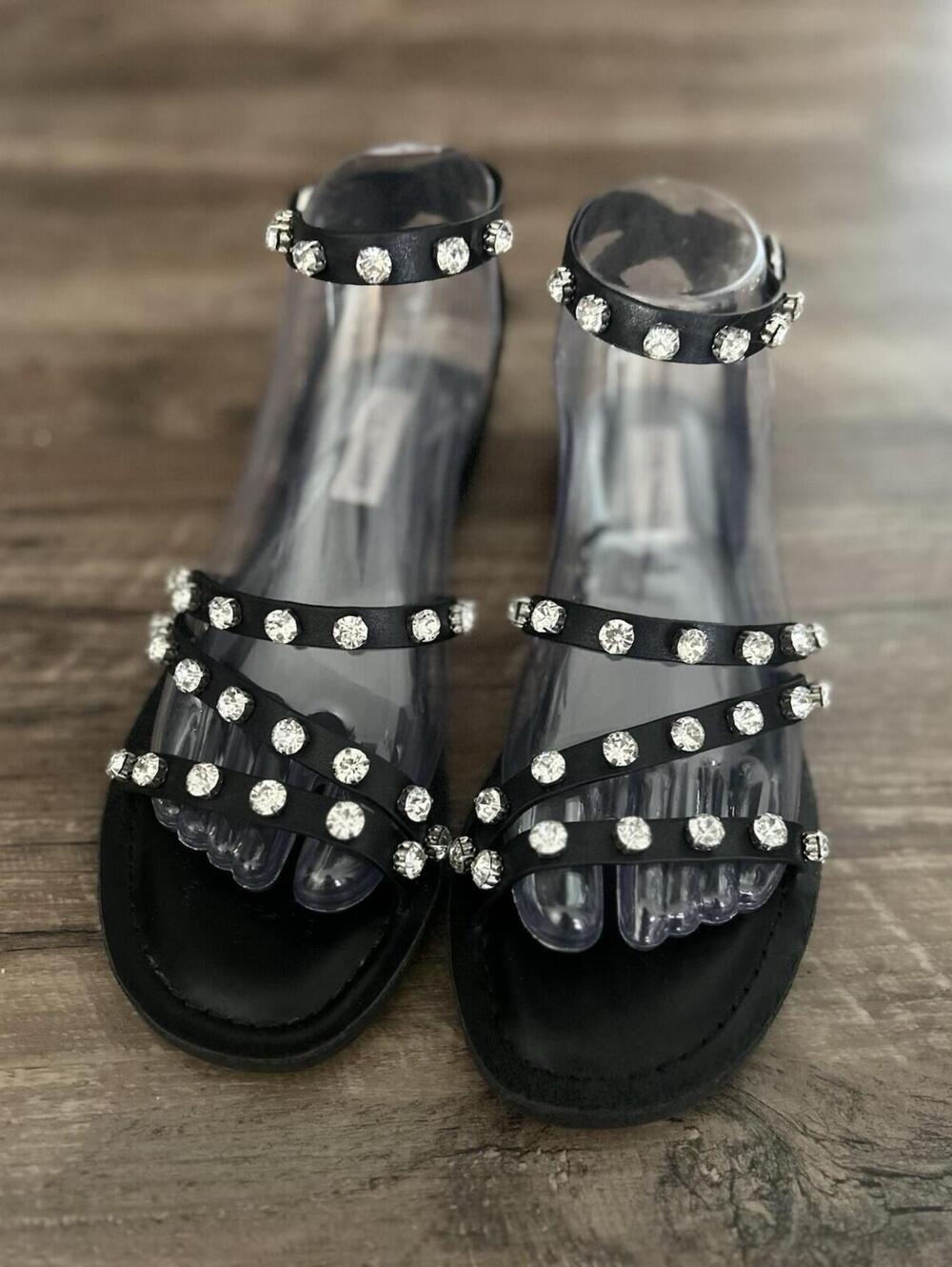 Steve Madden Black Rhinestone Studded Sandals Size 8 Ankle Strap